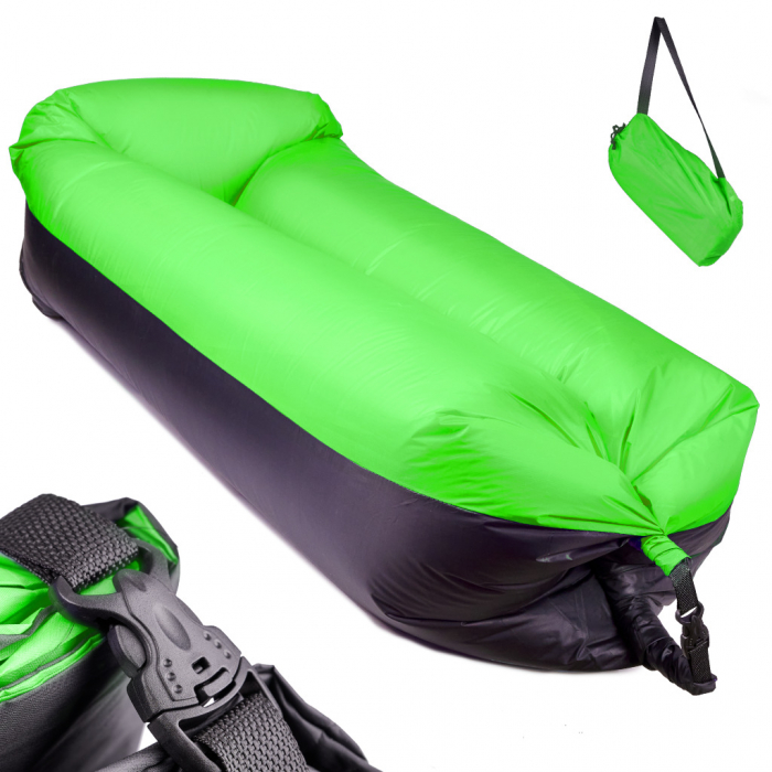 Saltea Auto Gonflabila "Lazy Bag" tip sezlong, 185 x 70cm, culoare Negru-Verde, pentru camping, plaja sau piscina [1]