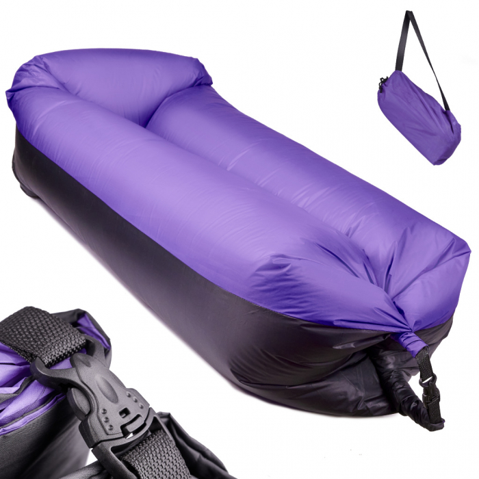 Saltea Auto Gonflabila "Lazy Bag" tip sezlong, 185 x 70cm, culoare Negru-Violet, pentru camping, plaja sau piscina [1]