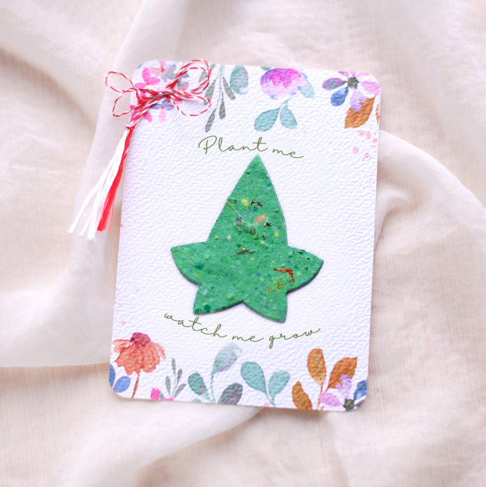 Mărțișor frunză iederă din hârtie plantabila cu  insertii de semințe și petale de flori [2]
