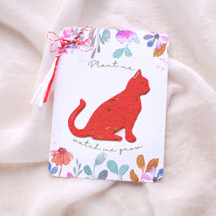 Mărțișor pisică din hârtie plantabila cu  insertii de semințe și petale de flori [4]