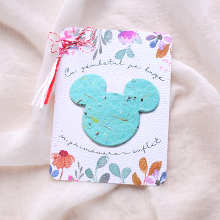 Martisoare - Martisor Mickey din hârtie plantabila cu  insertii de semințe și petale de flori