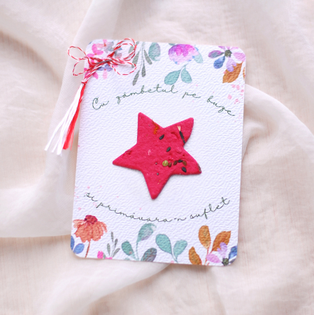 Martisoare - Martisor steluta din hârtie plantabila cu  insertii de semințe și petale de flori