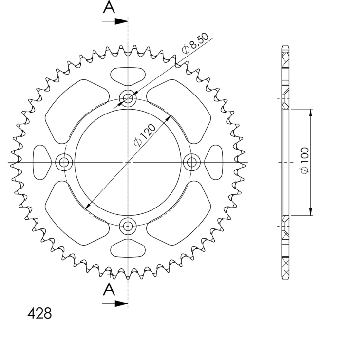 Rear ALU sprocket SUPERSPROX Negru 52T, 428 [2]