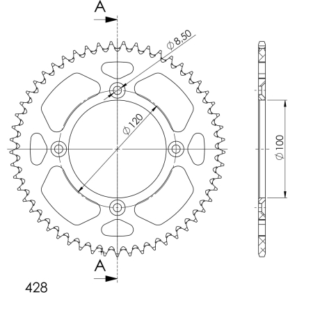 Rear ALU sprocket SUPERSPROX Negru 52T, 428 [1]