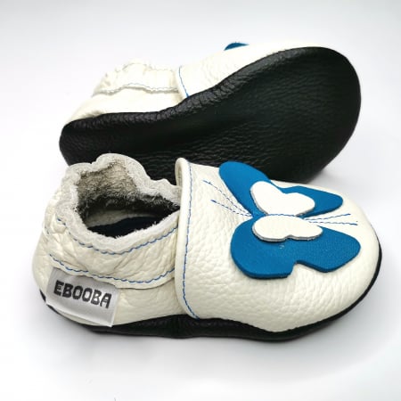 Botosei Fetite - Botosei din piele naturala, cu Model FLUTURE 3D ALBASTRU