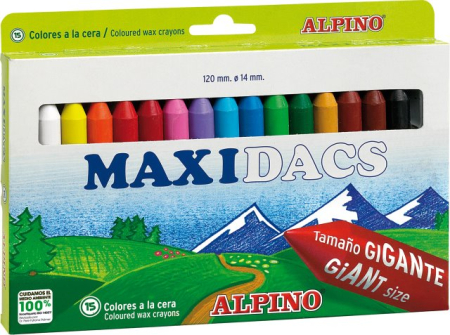 Rechizite scolare - Creioane cerate soft, cutie carton, 15 culori/cutie, ALPINO MaxiDacs