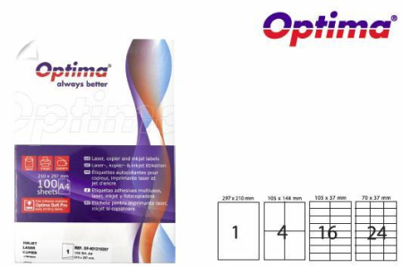 Articole din hartie - Etichete color autoadezive 24/A4, 70 x 37 mm, 100 coli/top, Optima - rosu