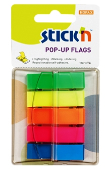 Organizare si arhivare - Film index autoadeziv 45 x 12mm, 5 x 40file/set, cu dispenser, Stick"n Pop-up - 5 culori neon
