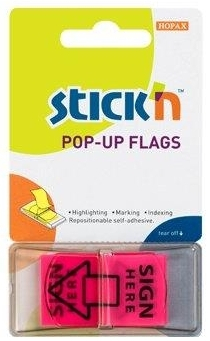 Organizare si arhivare - Film index autoadeziv 45 x 25mm, 50 file/set, Stick"n Pop-up (sign here) - roz
