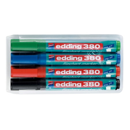 Instrumente de scris si corectura - Marker Edding 380 pentru flipchart, varf rotund, 1.5-3 mm, 4 culori/set (negru, albastru, rosu, verde)