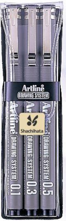 Instrumente de scris si corectura - Marker pentru desen tehnic ARTLINE, varf fetru (0.1/0.3/0.5mm), 3 buc/set - negru
