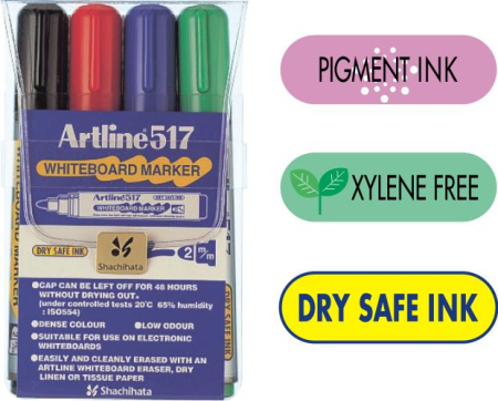 Instrumente de scris si corectura - Marker pentru tabla de scris ARTLINE 517 - Dry safe ink, varf rotund 2.0mm, 4 culori/set