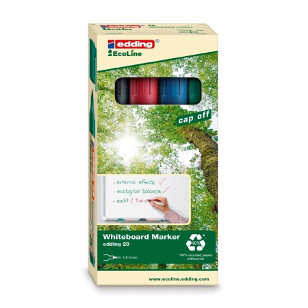 Instrumente de scris si corectura - Marker pentru tabla Edding 28, ecologic, varf rotund, 1.5-3 mm, 4 culori/set (negru, rosu, albastru, verde)