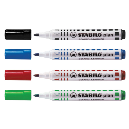 Instrumente de scris si corectura - Marker pentru tabla Stabilo Plan 64, varf rotund, 2.5-3.5mm, 4 bucati/set ( negru, rosu, albastru, verde)