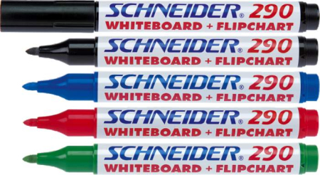 Instrumente de scris si corectura - Marker SCHNEIDER Maxx 290, pentru tabla de scris+flipchart, varf rotund 2-3mm, 4 cul/set - (N,R,A,V)