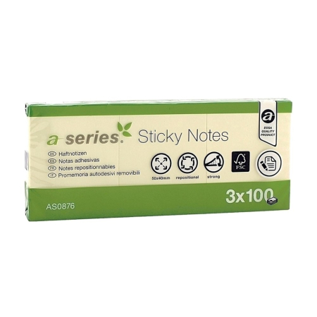 Notite autoadezive - Notite adezive, A-Series, 50 x 40 mm, galben, 100 file, 3 bucati/set