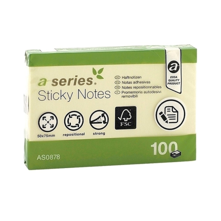 Articole din hartie - Notite adezive, A-Series, 50 x 75 mm, galben, 100 file