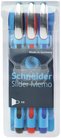 Pixuri fara mecanism - Pix SCHNEIDER Slider Memo XB, rubber grip, accesorii metalice, 3 culori/set - (N, R, A)
