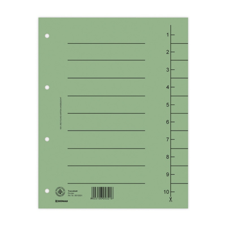 Organizare si arhivare - Separatoare carton manila 250g/mp, 300 x 240mm, 100/set, DONAU - verde