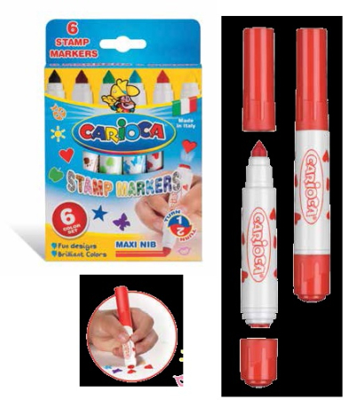 Rechizite scolare - Set  6 markere lavabile, cu 6 stampile diverse forme, cutie carton, CARIOCA Stamp markers