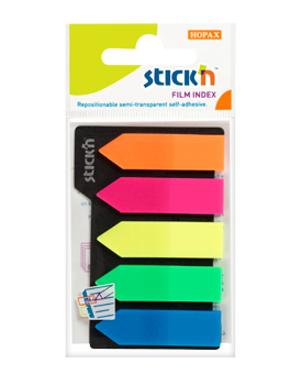 Organizare si arhivare - Stick index plastic transparent color 42 x 12 mm, 5 x 25 file/set, Stick"n - 5 culori neon - sageata