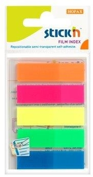 Organizare si arhivare - Stick index plastic transparent color 45 x 12 mm, 5 x 25 file/set, Stick"n - 5 culori neon