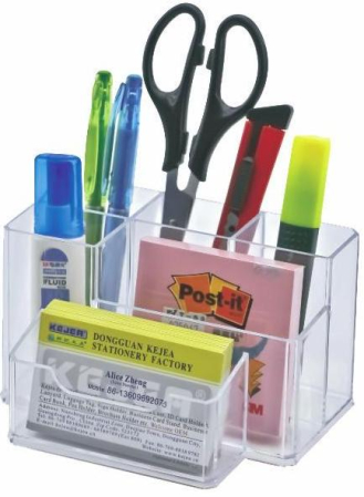 Accesorii pentru birou - Suport plastic pentru accesorii de birou, 6 compartimente, 105 x 85mm, KEJEA - transparent