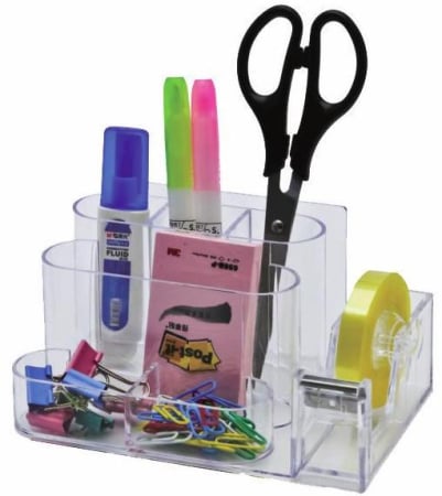 Accesorii pentru birou - Suport plastic pentru accesorii de birou, 7 compartimente, 168 x 78mm, KEJEA - transparent