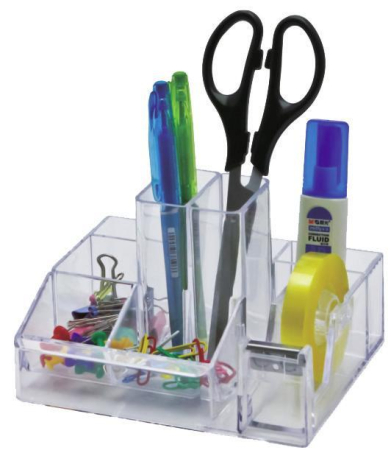 Accesorii pentru birou - Suport plastic pentru accesorii de birou, 8 compartimente, 148 x 87mm, KEJEA - transparent