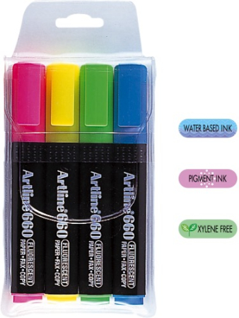 Instrumente de scris si corectura - Textmarker ARTLINE 660, varf tesit 1.0-4.0mm, 4 culori/set - (YE,PK,GR,LBL)