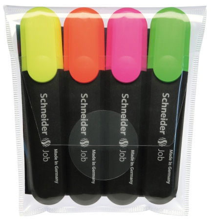 Instrumente de scris si corectura - Textmarker SCHNEIDER Job, varf lat, 4 culori/set - (G, O, V, R)