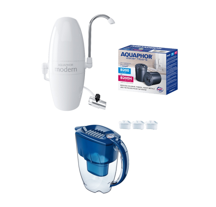 Pachet cadou Craciun filtru Modern 2, cu montare la chiuveta + un set suplimentar de cartuse de schimb B200 + o cana filtranta Amethyst Albastra cu 3 cartuse Maxfor+ incluse. [1]