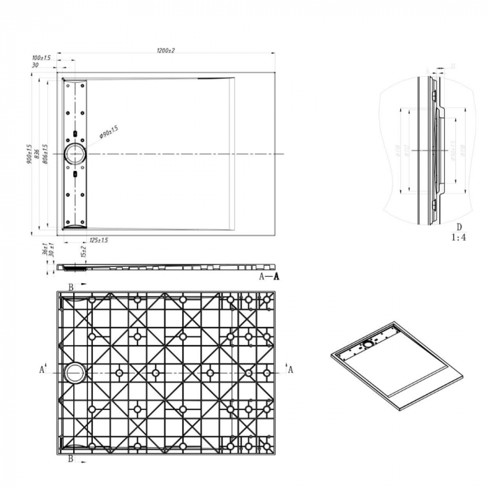 Cadita de dus Minimalist Oasis 120x70cm din compozit cu sifon alb GT-12070LS-WH Smack [4]