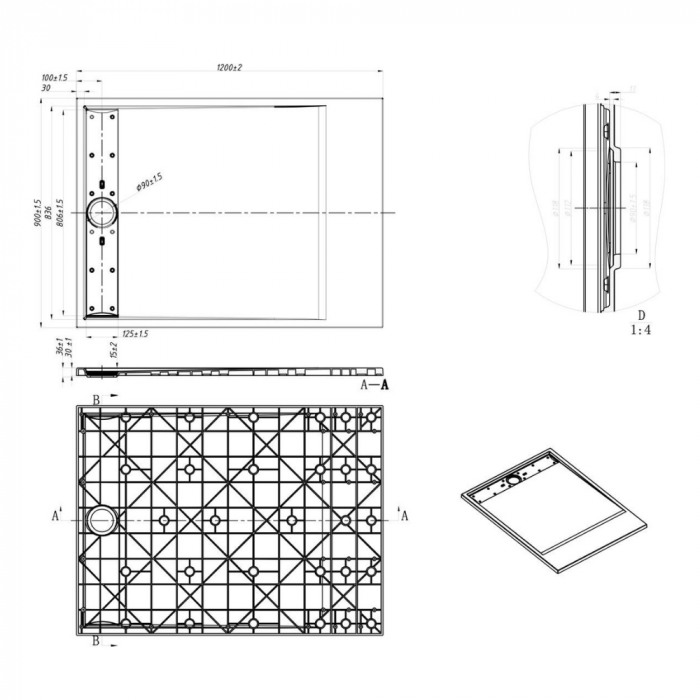 Cadita de dus Minimalist Oasis 80x80cm din compozit cu sifon negru GT-8080LS-BK Smack [7]