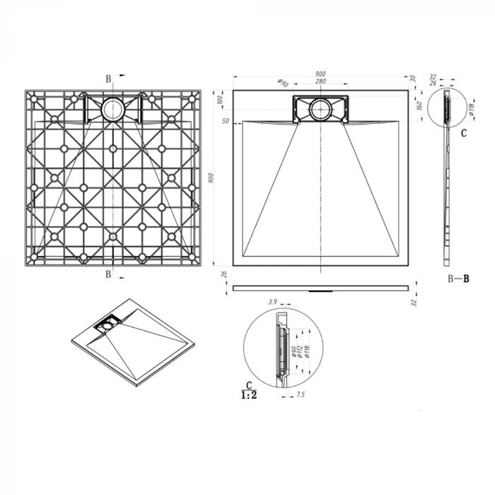 Cadita de dus Smooth Line Design 100x70cm din compozit cu sifon alb GT-10070US-WH Smack [4]