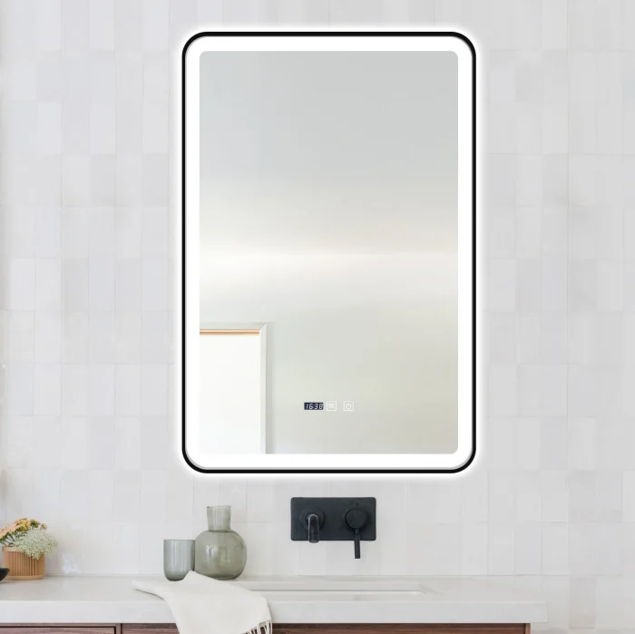 Oglinda Cu LED J136 pentru baie 60x90 cm Sistem Dezaburire Senzor Touch Trei Tipuri de Lumina Ceas Rama Negru Mat Smack [4]