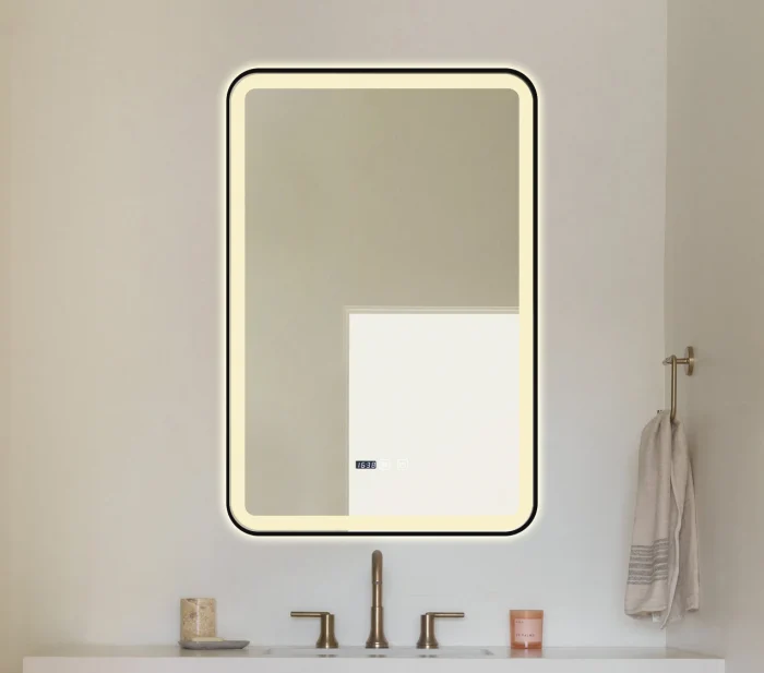 Oglinda Cu LED J136 pentru baie 60x90 cm Sistem Dezaburire Senzor Touch Trei Tipuri de Lumina Ceas Rama Negru Mat Smack [2]