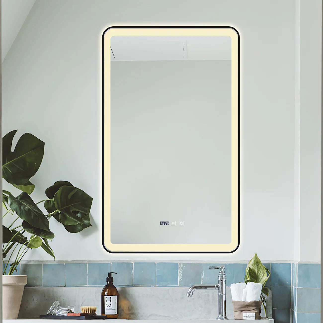OGLINDA CU LED J138 PENTRU BAIE 60X100 CM SISTEM DEZABURIRE SENZOR TOUCH TREI TIPURI DE LUMINA CEAS RAMA NEGRU MAT SMACK [3]