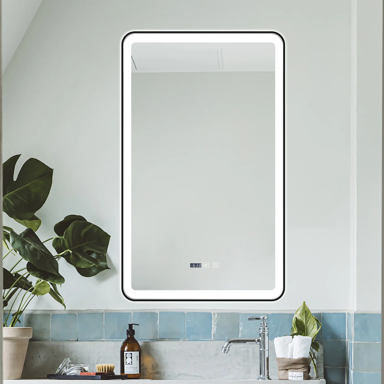 OGLINDA CU LED J138 PENTRU BAIE 60X100 CM SISTEM DEZABURIRE SENZOR TOUCH TREI TIPURI DE LUMINA CEAS RAMA NEGRU MAT SMACK [4]