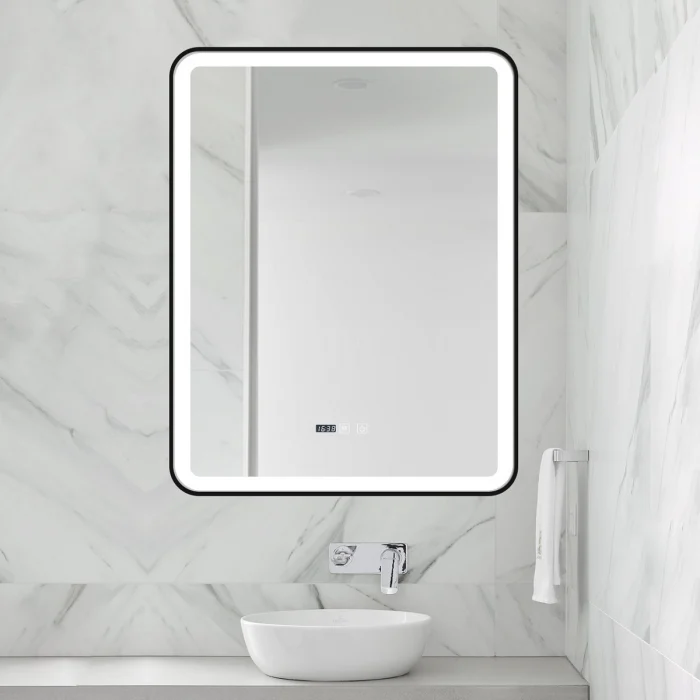 Oglinda Cu LED J139 pentru baie 70x90 cm Sistem Dezaburire Senzor Touch Trei Tipuri de Lumina Ceas Rama Negru Mat Smack [4]