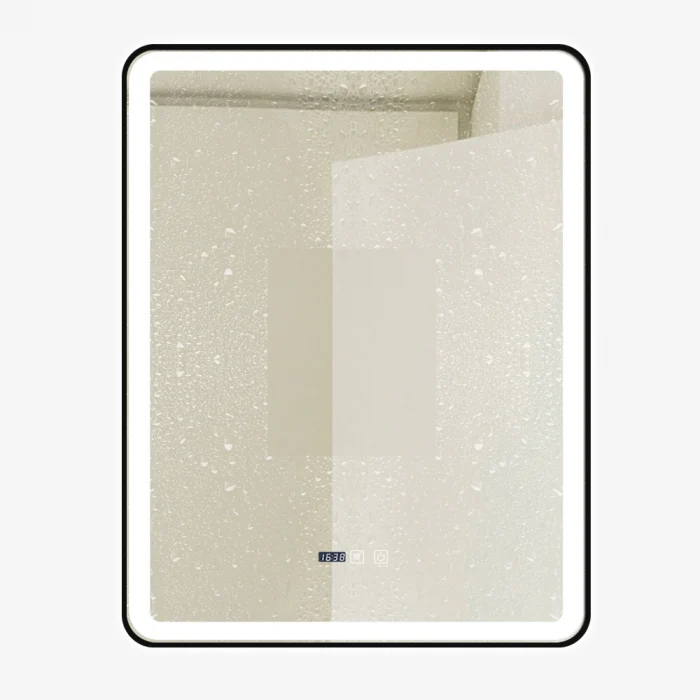 Oglinda Cu LED J139 pentru baie 70x90 cm Sistem Dezaburire Senzor Touch Trei Tipuri de Lumina Ceas Rama Negru Mat Smack [1]