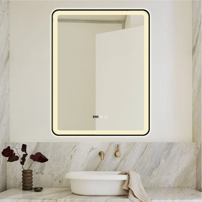 Oglinda Cu LED J139 pentru baie 70x90 cm Sistem Dezaburire Senzor Touch Trei Tipuri de Lumina Ceas Rama Negru Mat Smack [5]