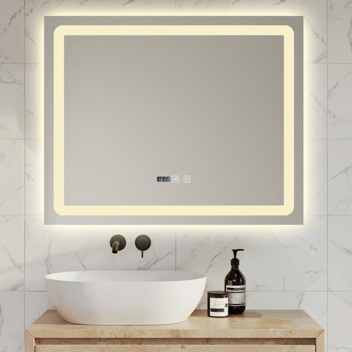 Oglinda Cu LED J149 pentru baie 80x65 cm Sistem Dezaburire Senzor Touch Trei Tipuri de Lumina Ceas Smack [2]