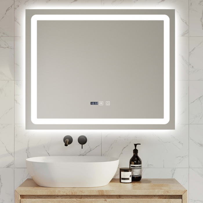 Oglinda Cu LED J149 pentru baie 80x65 cm Sistem Dezaburire Senzor Touch Trei Tipuri de Lumina Ceas Smack [1]