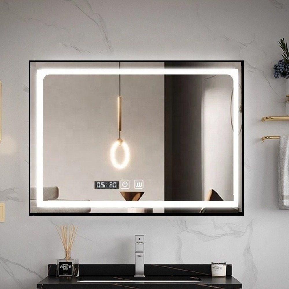 Oglinda LED Si Touch 100 X 65 Cm Cu Functie Dezaburire Si Ceas Rama Negru Mat Smack J17 [2]