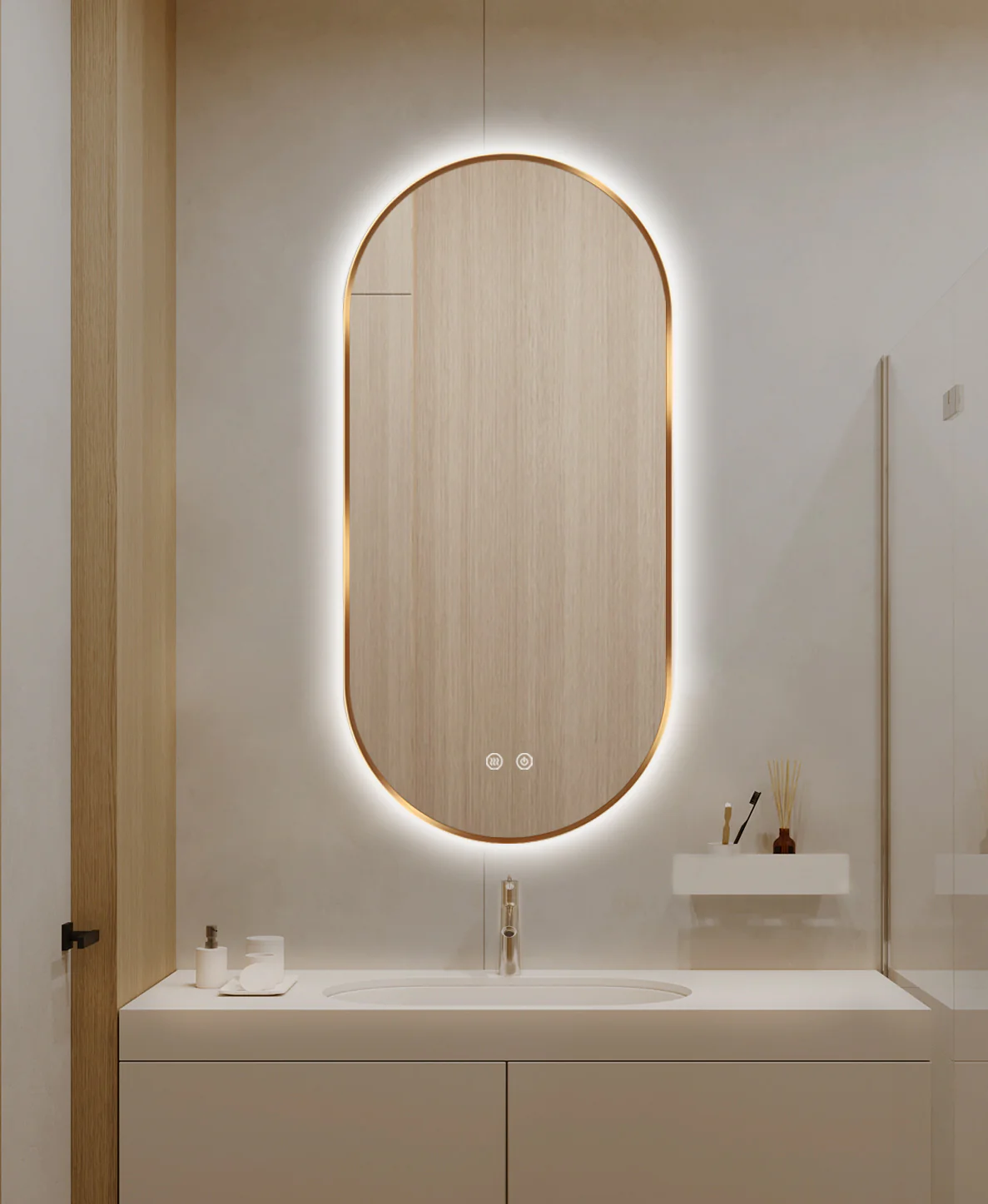 Oglinda LED Si Touch 50 X 100 Cm Functie Dezaburire Rama Auriu-Bronz Trei Tipuri Lumina J179-50100 Smack [6]