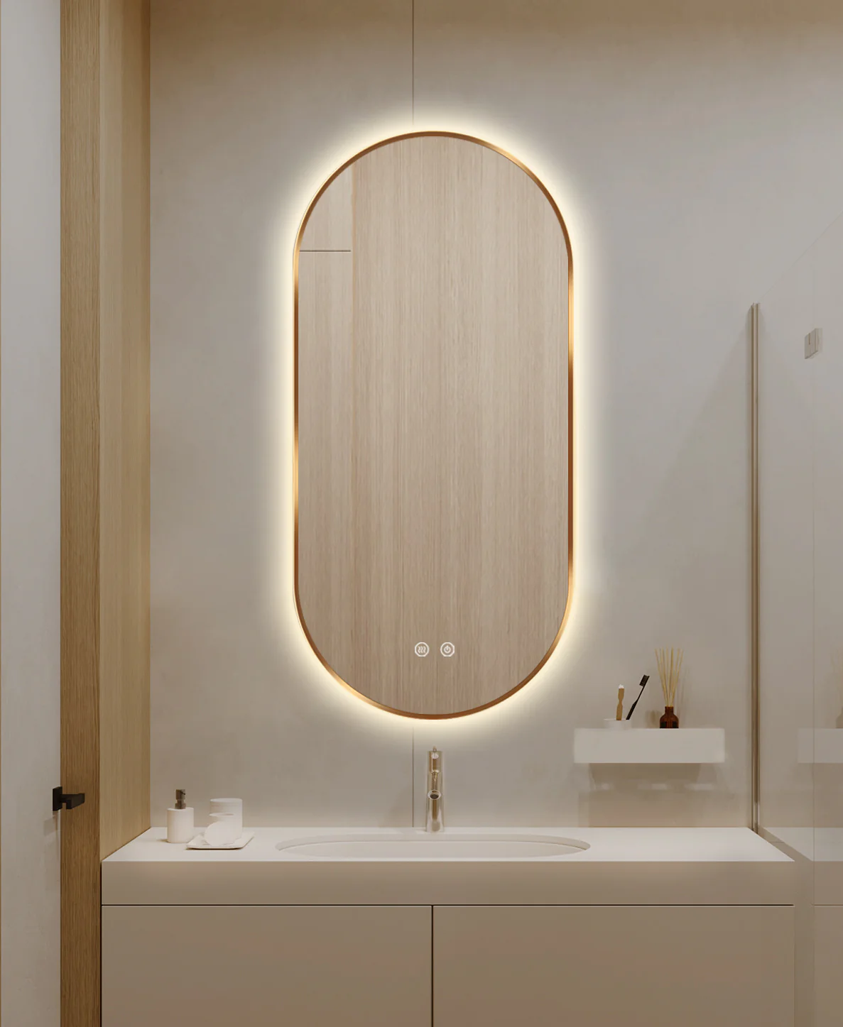 Oglinda LED Si Touch 50 X 100 Cm Functie Dezaburire Rama Auriu-Bronz Trei Tipuri Lumina J179-50100 Smack [5]