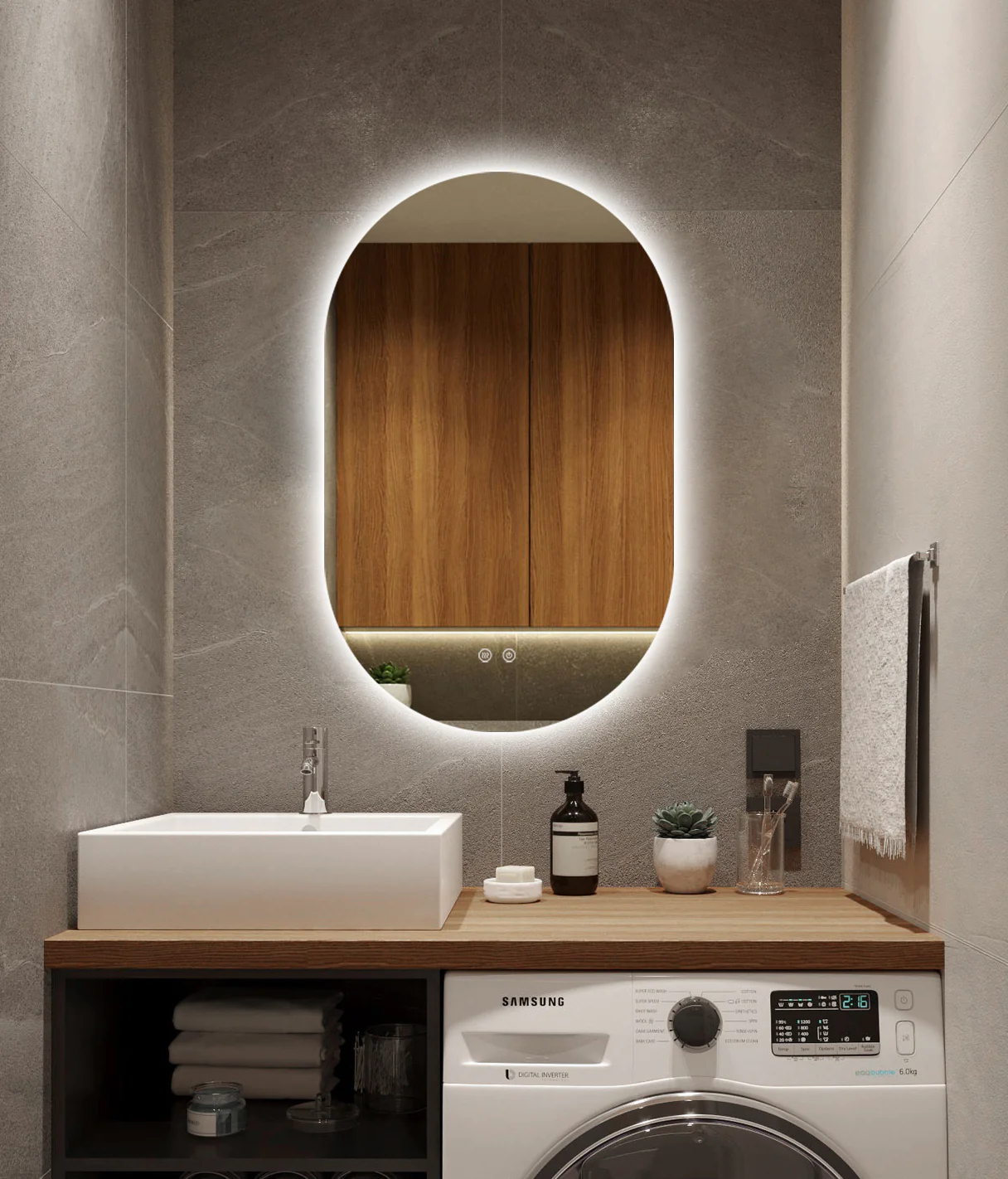 Oglinda LED Si Touch 50 X 80 Cm Functie Dezaburire Rama Auriu-Bronz Trei Tipuri Lumina si Ceas J179-5080 Smack [5]