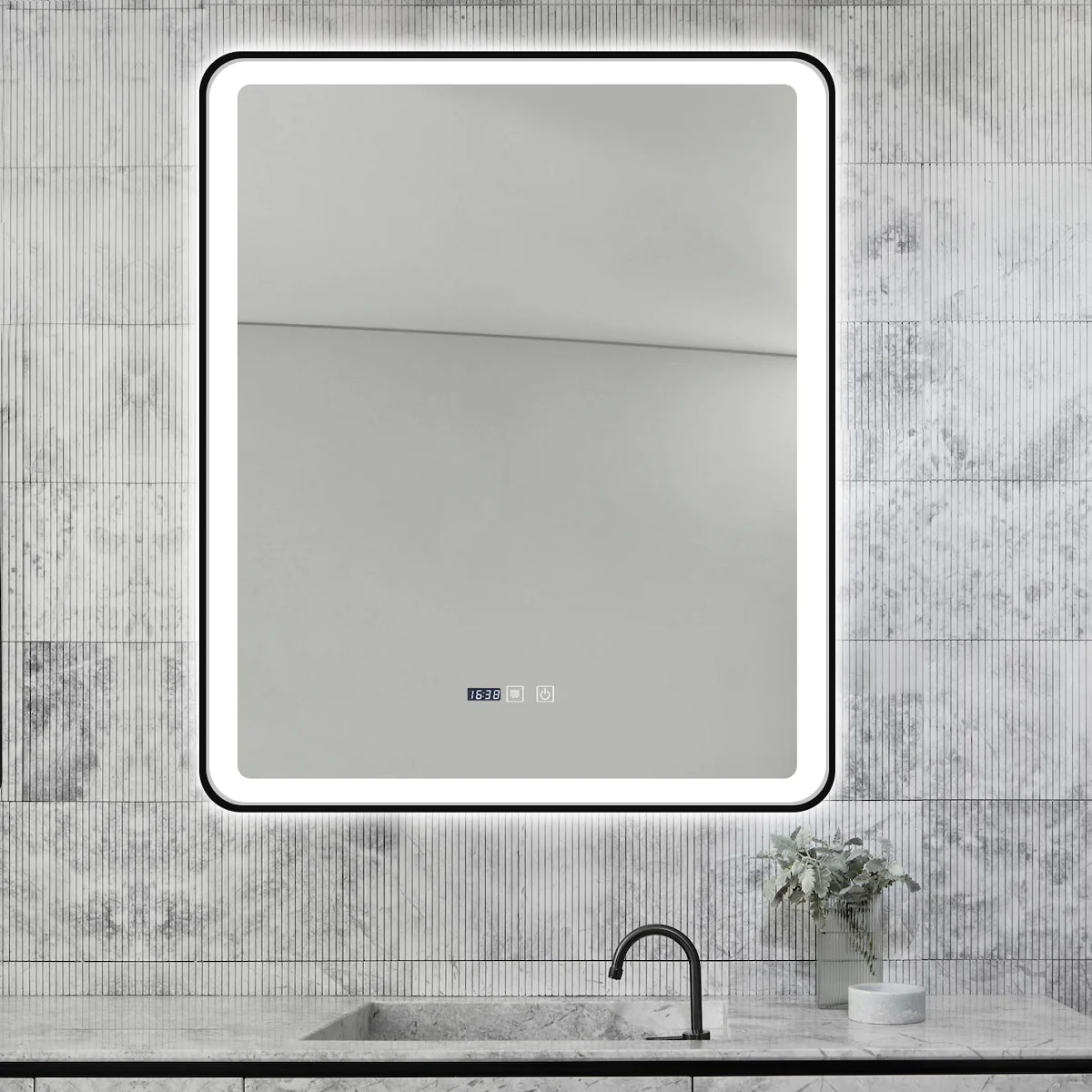 Oglinda LED Si Touch 75 X 90 Cm Cu Functie Dezaburire Si Ceas Rama Negru Mat J37 Smack [6]