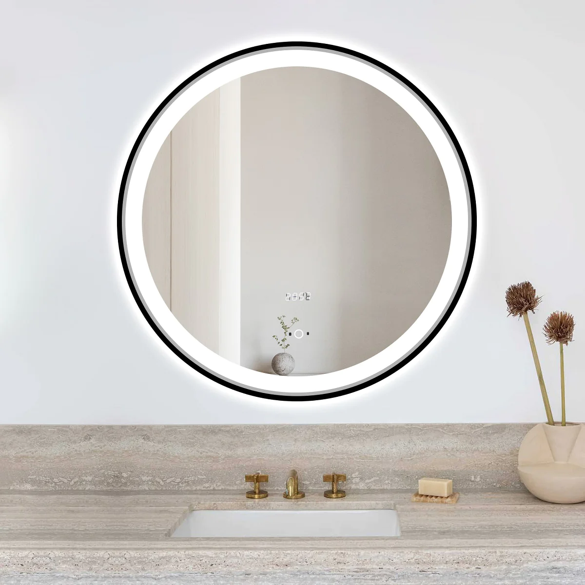 Oglinda LED Si Touch Cu Senzor De Miscare 70 X 70 Cm Rama Negru Mat J29 [4]